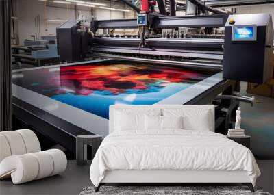 Large wide digital inkjet printing machine during production.  Wall mural